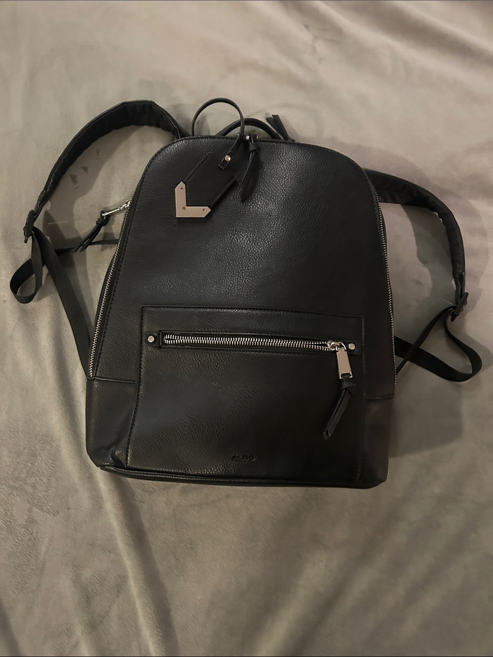 Aldo Black Leather Backpack with Silver Hardware